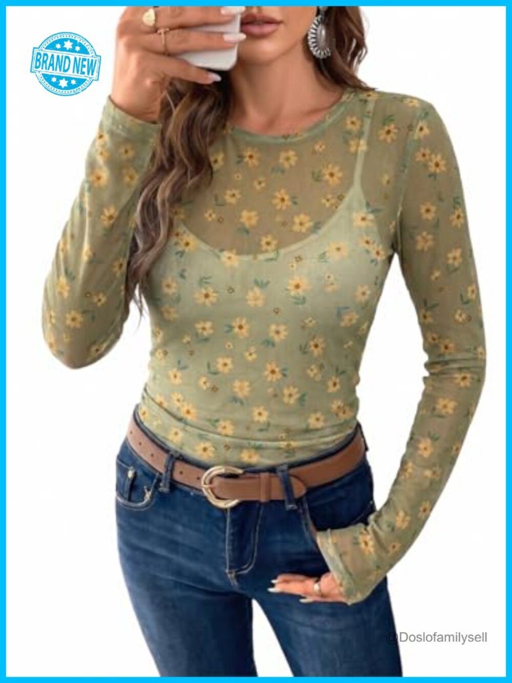 Sheer Mesh Long Sleeve Women's Blouse Top Pullover Crew Neck